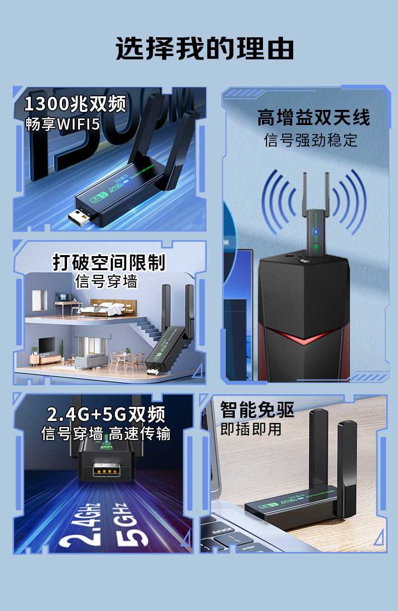 【N542】晶华USB无线网卡（1300M双天线）2.4G+5G