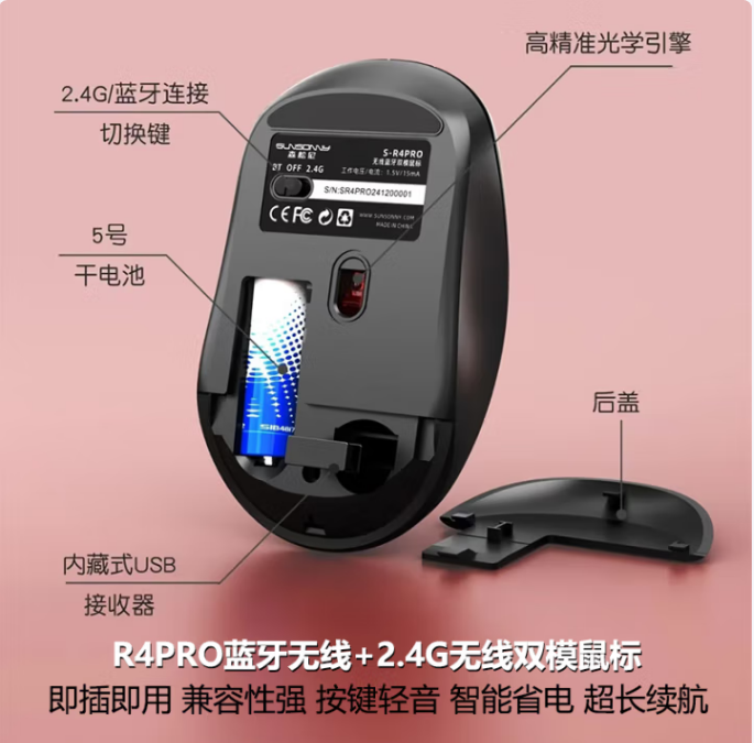 森松尼 R4PRO 无线蓝牙 双模鼠标 加大静音设计