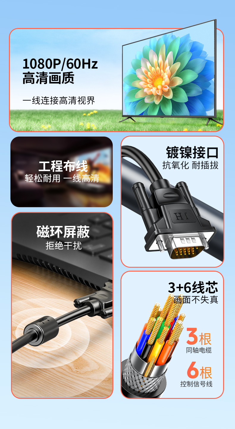 【V316】晶华VGA线黑色3+6工程线无氧铜芯