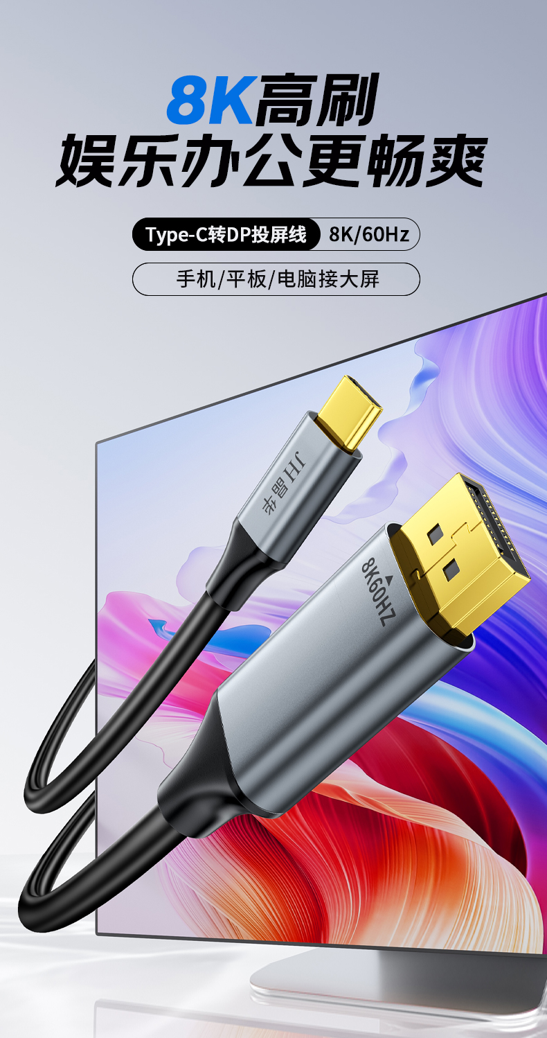 【Z873F】晶华TYPE-C转DP转接线8K@60HZ（1.8米）