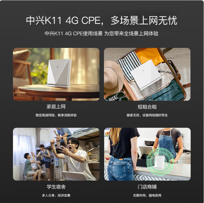 中兴K11 -4G 插电路由器（4个网口）流量卡自配