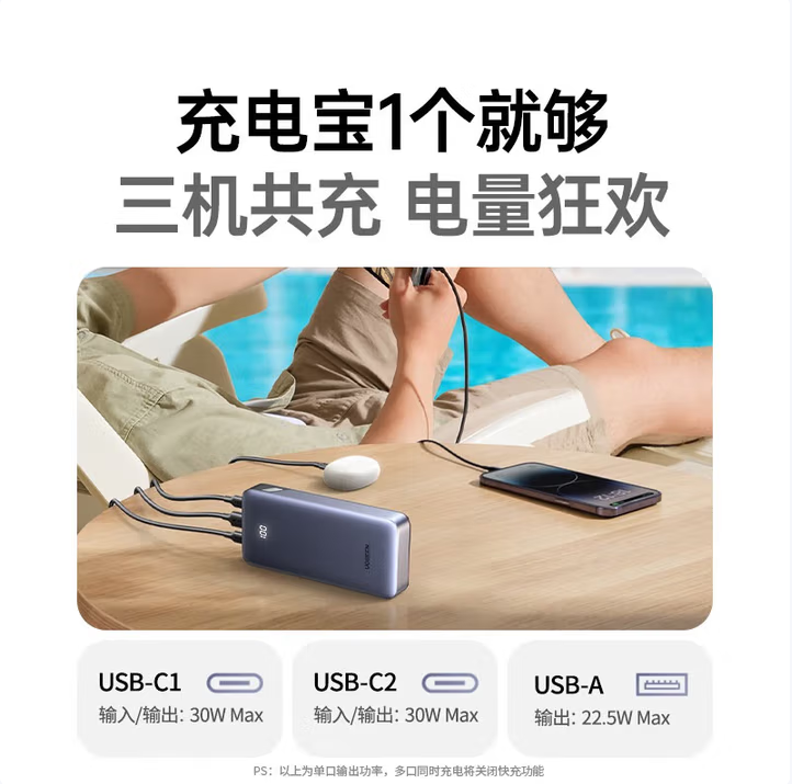 绿联55989充电宝20000毫安30W双向快充 可上飞机