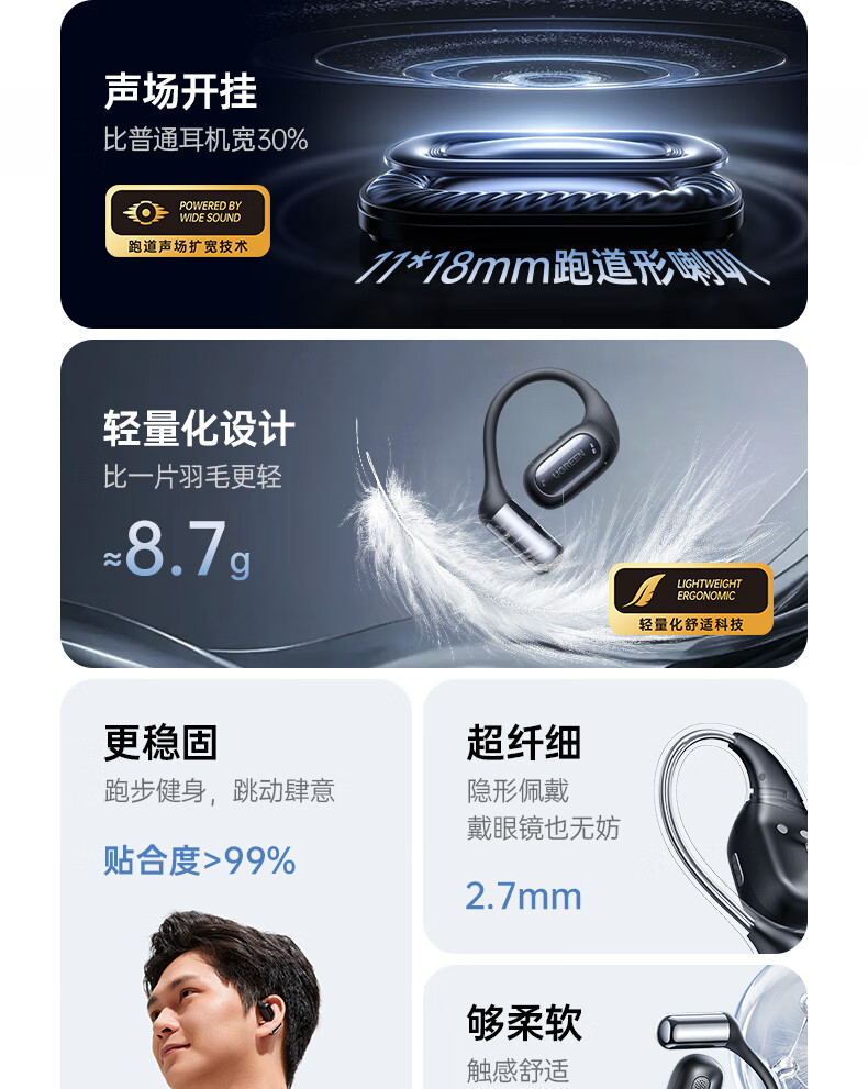 绿联65655- HiTune S7开放式真无线蓝牙耳机 黑色5.4蓝牙版本