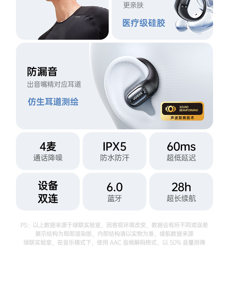 绿联65655- HiTune S7开放式真无线蓝牙耳机 黑色5.4蓝牙版本