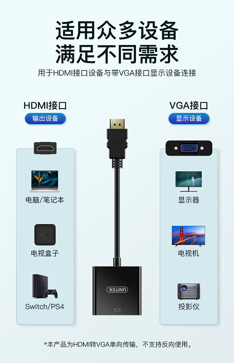 【128ABK】优越者HDMI转VGA转换线（1080P）单向传输，VGA必须接显示器