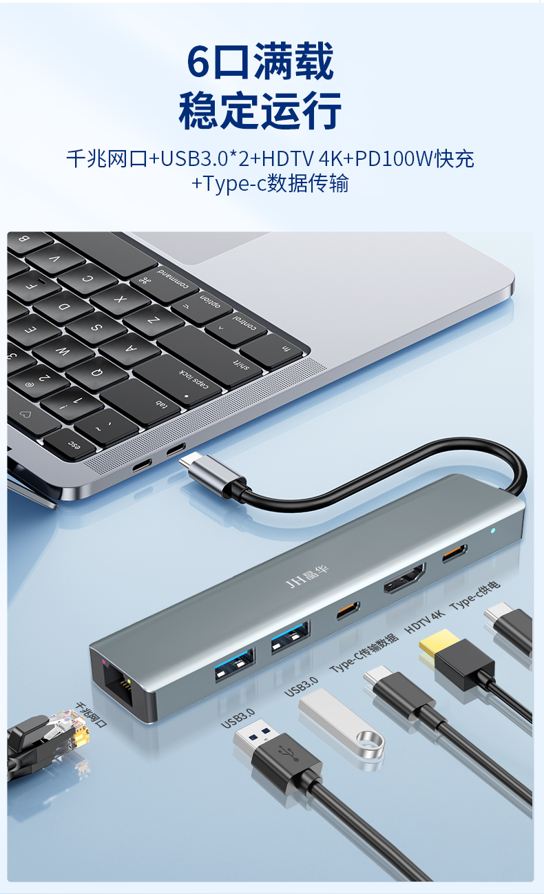 【N855】晶华TYPE-C扩展坞（千兆网卡+TYPE-C口+USB3.0+HDMI）