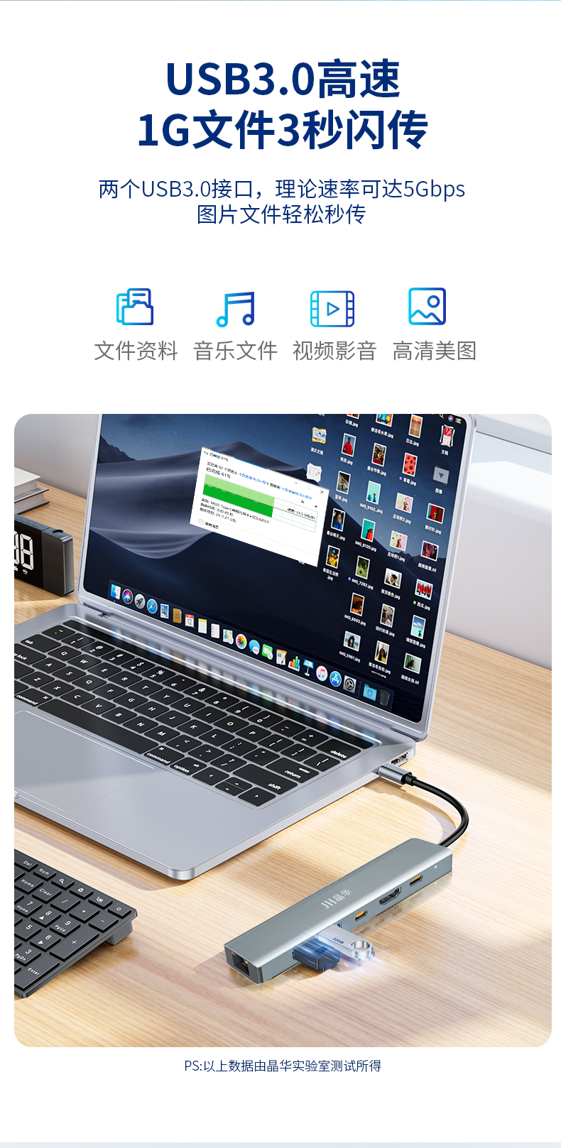 【N855】晶华TYPE-C扩展坞（千兆网卡+TYPE-C口+USB3.0+HDMI）