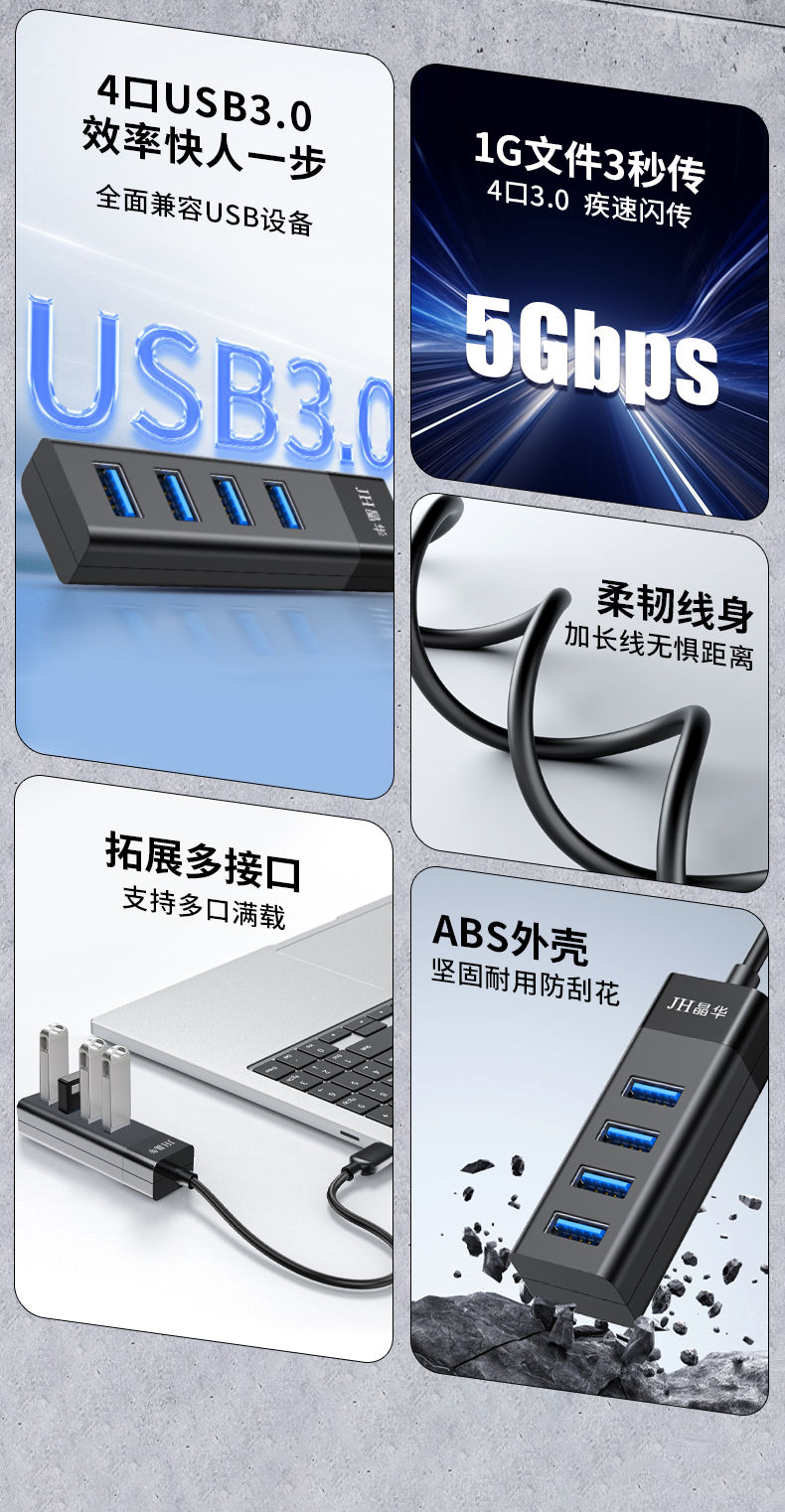 【Z414C】晶华USB一分四HUB线长一米USB3.0（黑色）