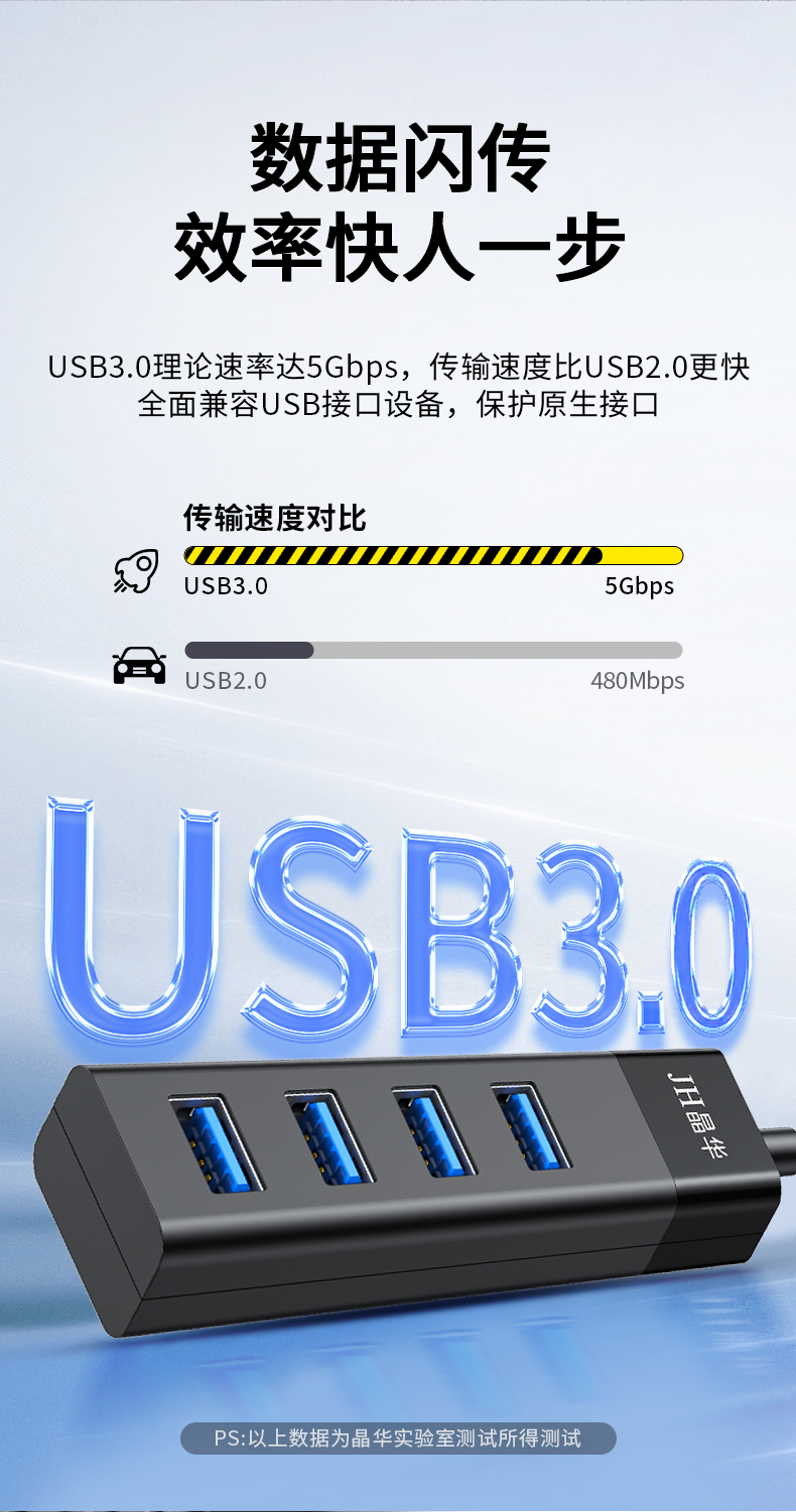 【Z414C】晶华USB一分四HUB线长一米USB3.0（黑色）