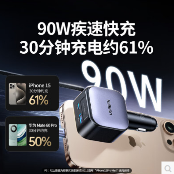 绿联 55909 自带伸缩线90W车充