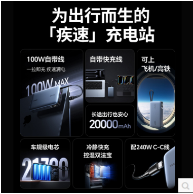 绿联55992-145W 带线快充移动电源20000mAh