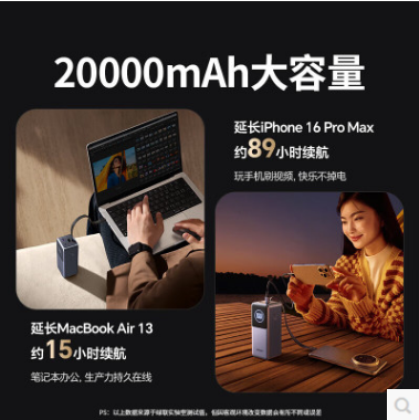 绿联55365--2万毫安 130W(2C1A)大功率自带线移动电源