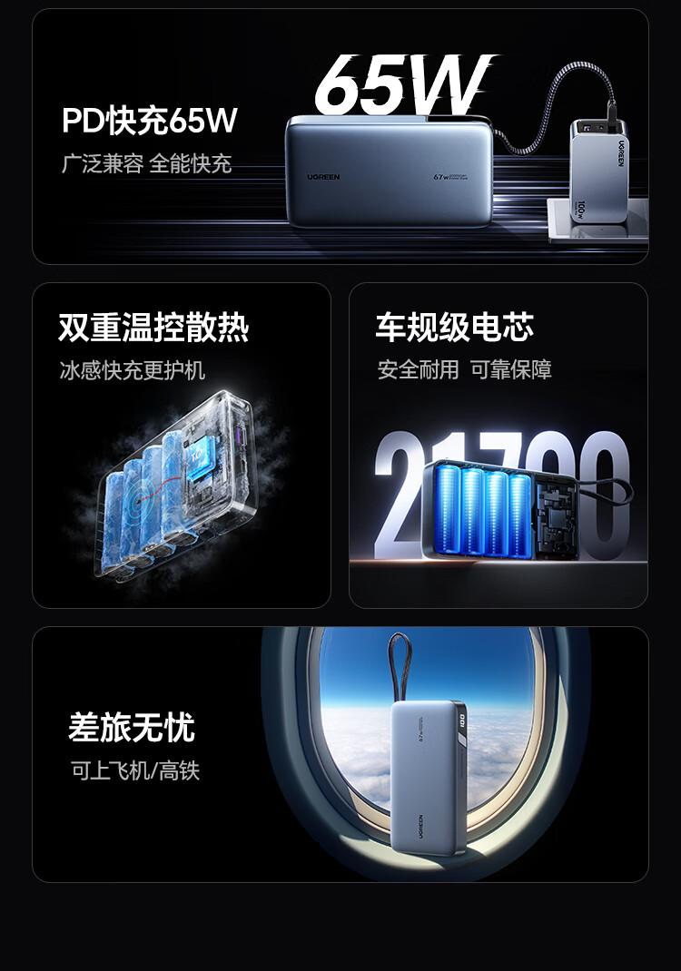 绿联65724--2万毫安 67W 快充 自带线