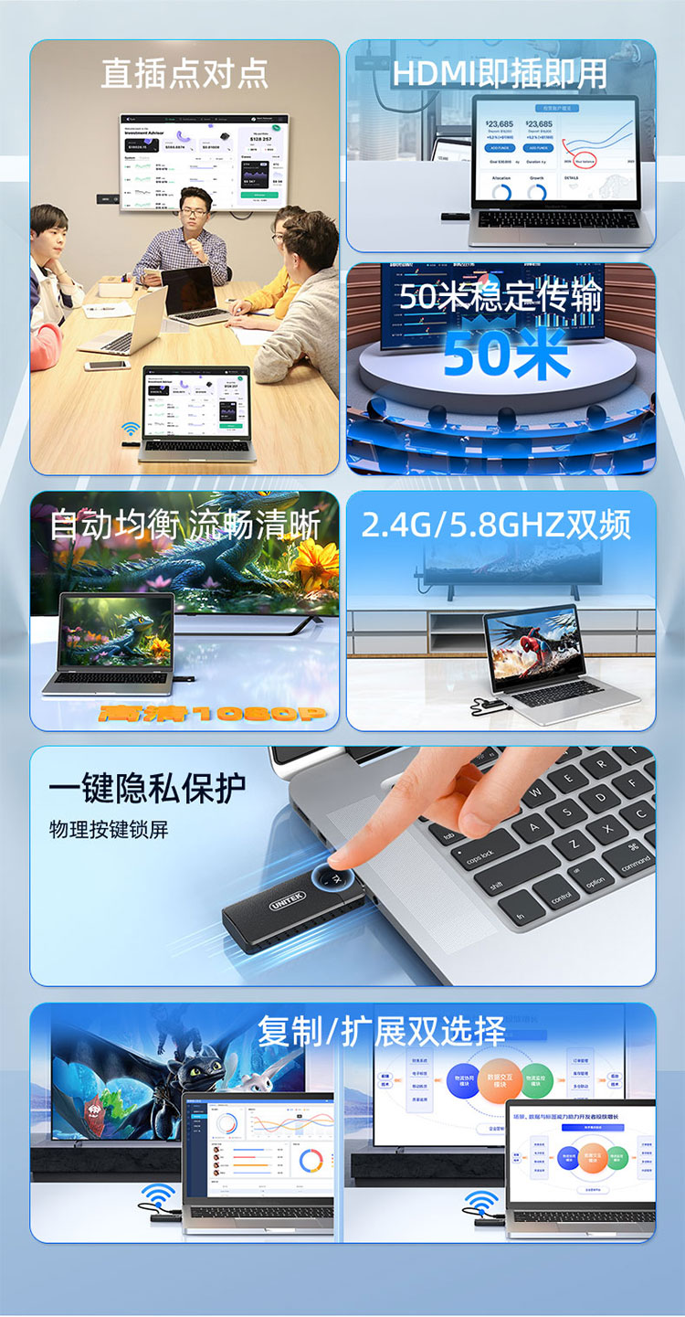 【V1708A】优越者HDMI无线传输器无线投屏器（50米）点对点传输