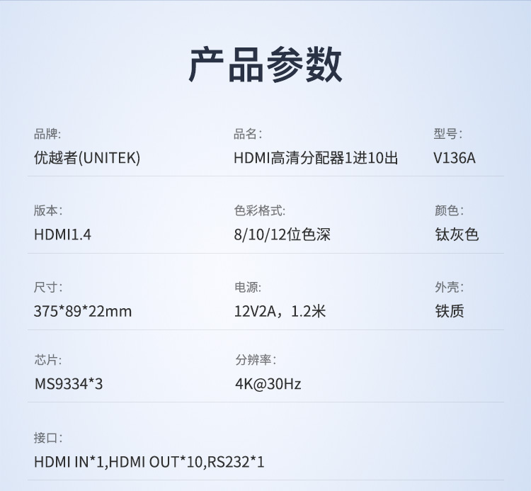 【V136A】优越者HDMI分配器分屏器一进10出(10个屏幕同时显示相同画面）