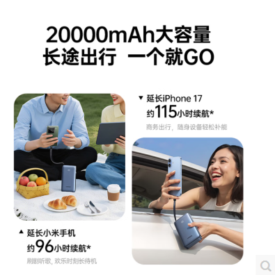 绿联95178-55W带线2万毫安 电量数显