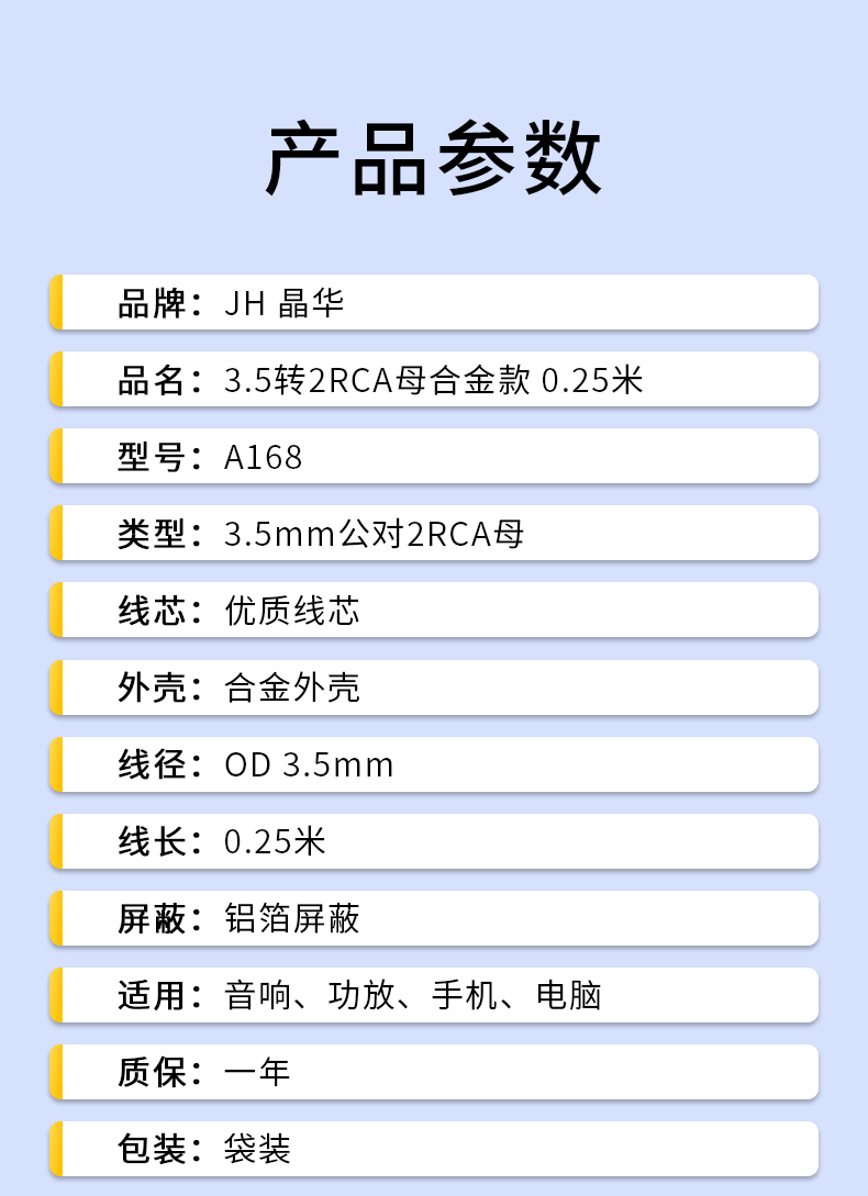A168A【0.2米】晶华3.5转2莲花孔音频转接线
